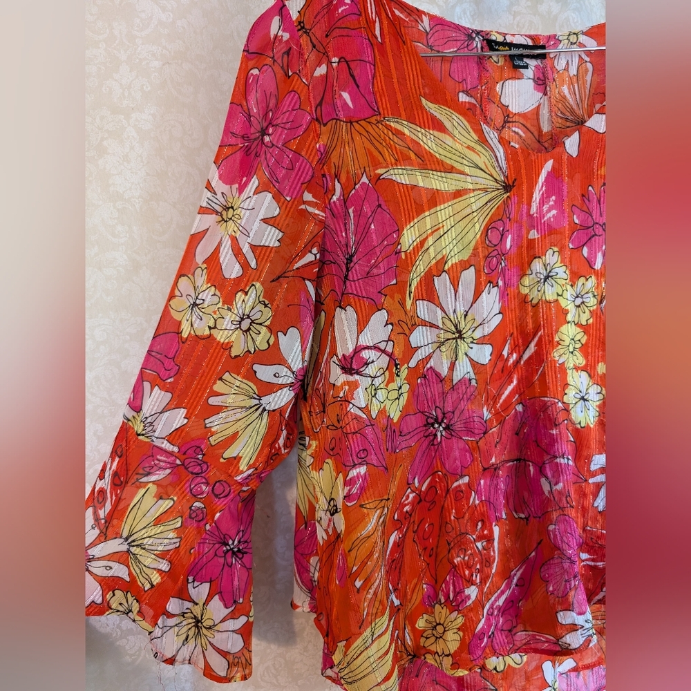 Sara Michelle Top Sz. Large Bright Orange Floral - Picture 6 of 16